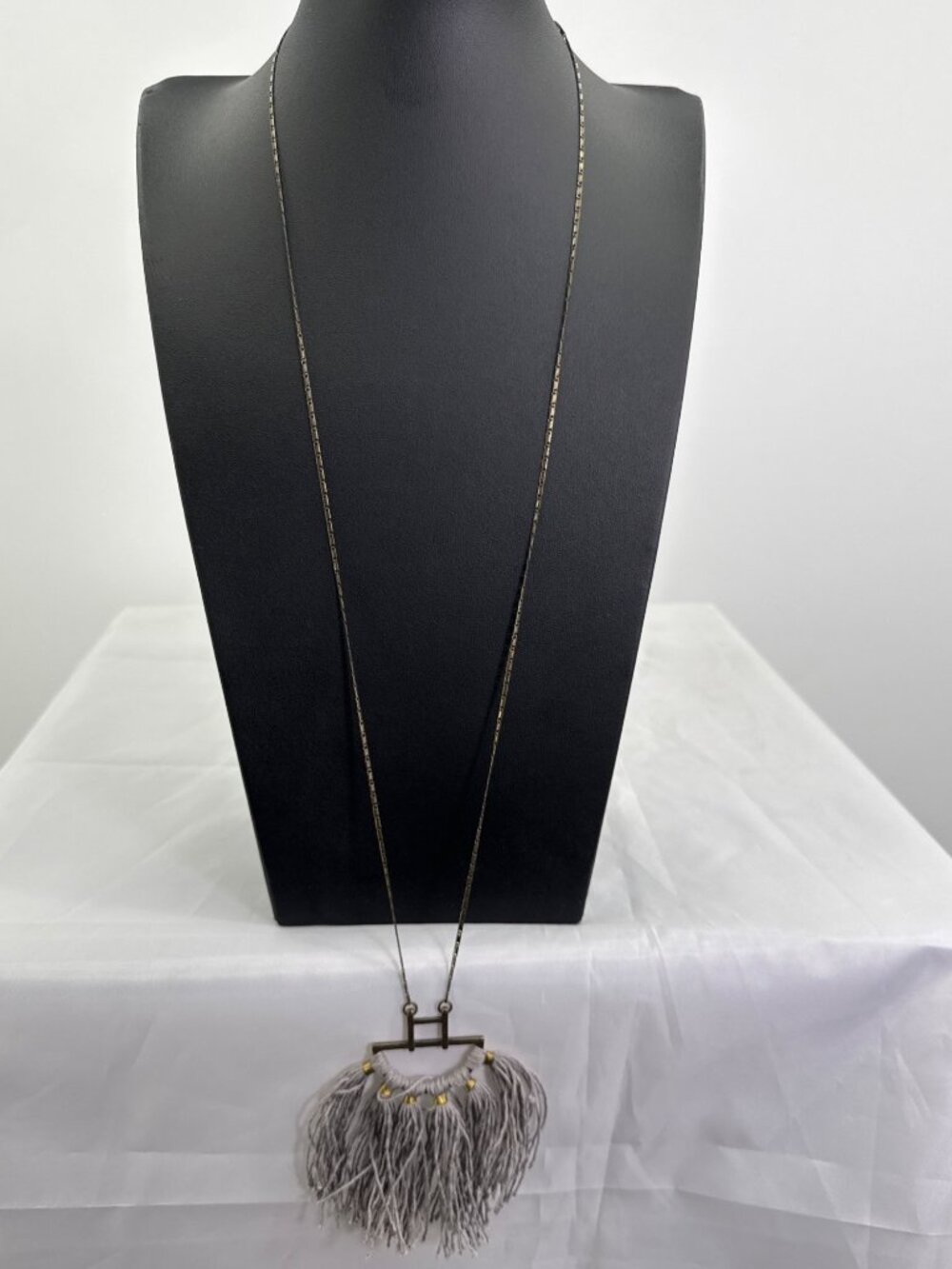 Gray Fringe Boho Pendant Long Necklace Geometric Gold Accent Brass